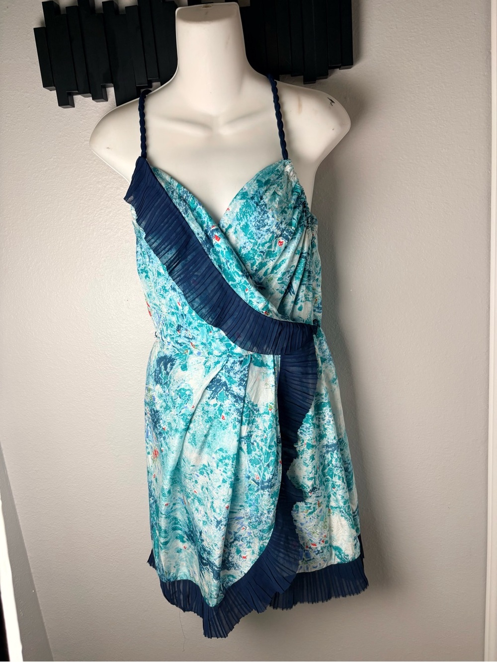 Luluvia Anthropolgie Abstract Watercolor  Blue 100% Silk Dress Women’s Size L